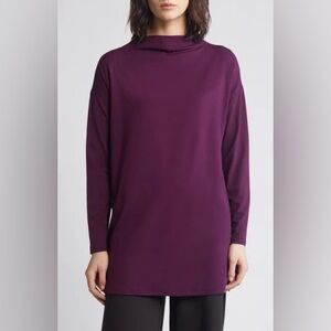 Eileen Fisher Funnel Neck Long Sleeve Boxy Tunic Top In Blackberry